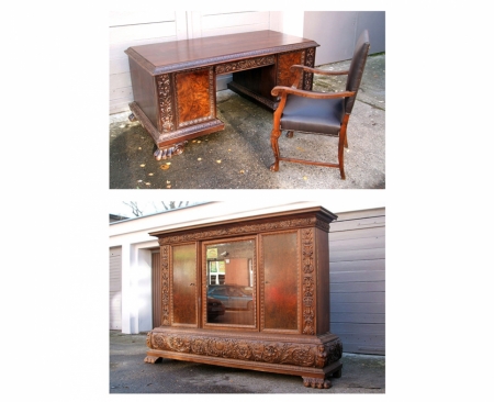 Neorenesansowy komplet gabinetowy z 1925 roku biurko oraz biblioteka